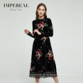 Manufacturer black lace detail velvet printed long sleeved dress